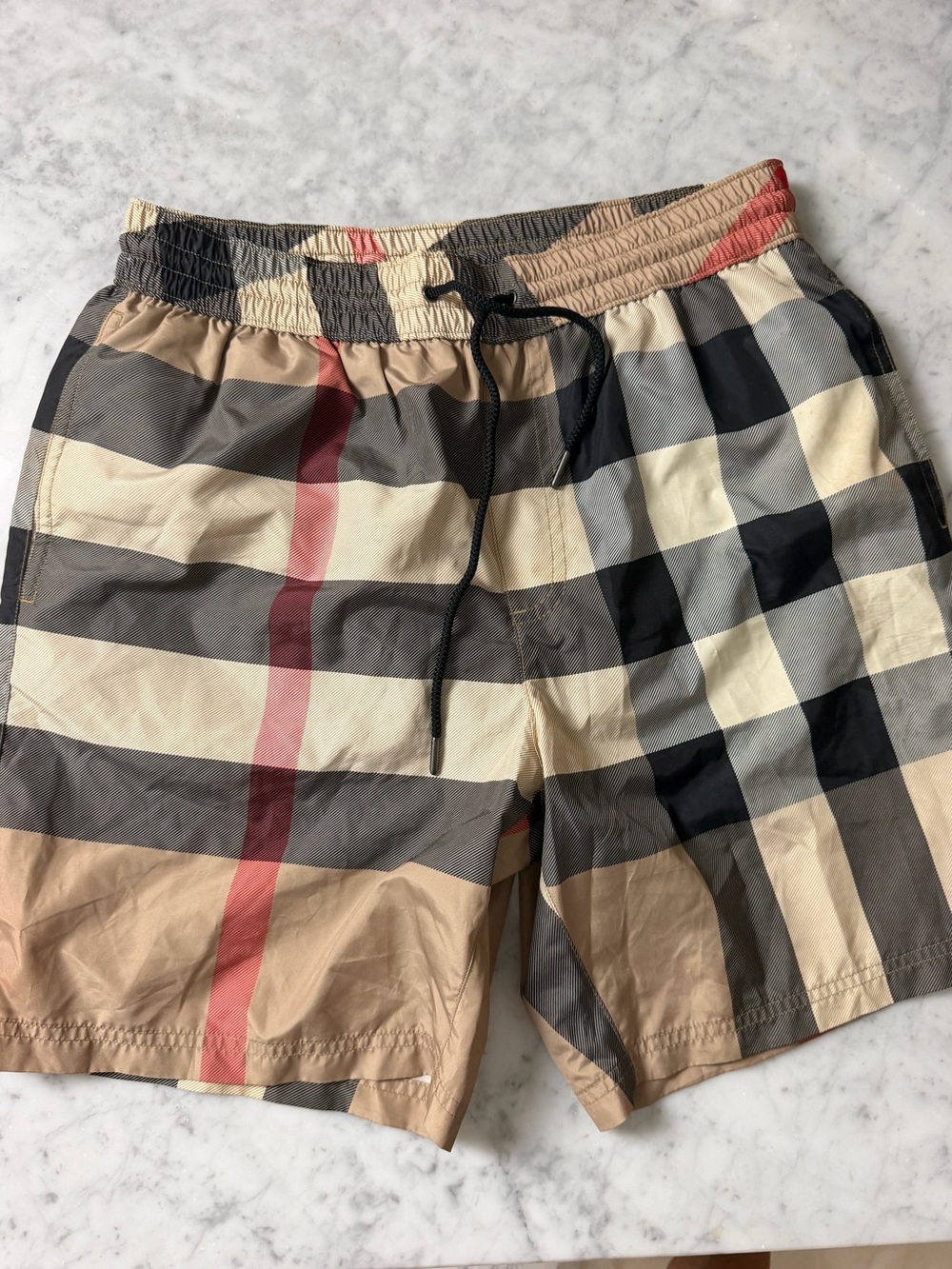 Burberry Beige Plaid Swim Shorts with Red Stripe